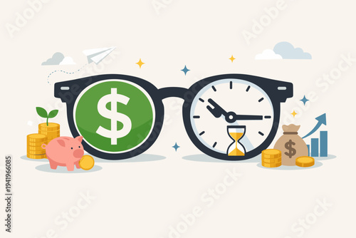Time is Money Concept Illustration with Glasses Showing Dollar Sign and Clock Lens, Financial Planning, Investment Growth, Pension Fund, Long-Term Saving, Wealth Management, and Retirement Plan.