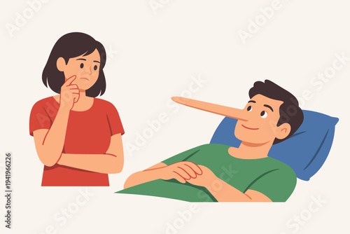 Simple flat vector illustration of a suspicious woman looking at a man with a long nose lying on a pillow, representing lying, deceit, dishonesty, and untruthful behavior in a relationship.