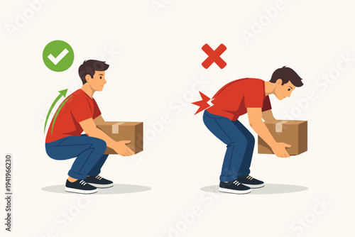 Vector illustration of a young man demonstrating correct and incorrect techniques for lifting a heavy cardboard box, highlighting safe ergonomic posture versus unsafe back-straining positions.