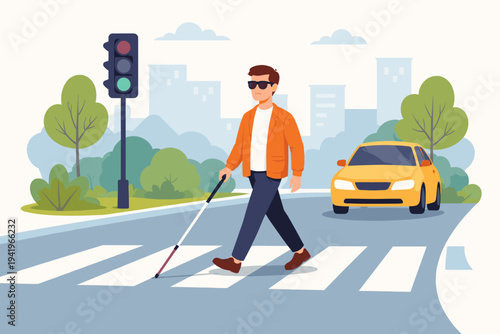 Flat vector illustration of a blind man with sunglasses and a white cane crossing a city street at a pedestrian crosswalk, featuring a traffic light, yellow car, and urban skyline background.