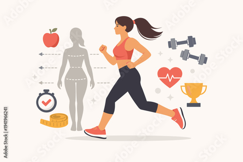 Flat Vector Illustration of a Fit Woman Jogging to Achieve Ideal Body Figure Parameters with Fitness Icons like Dumbbells, Apple, Heart Rate, Stopwatch, and Measuring Tape for Healthy Lifestyle