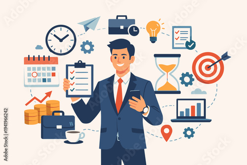 Professional businessman in a suit managing time and tasks efficiently with a checklist and smartphone, surrounded by icons for scheduling, productivity, goals, and financial growth.