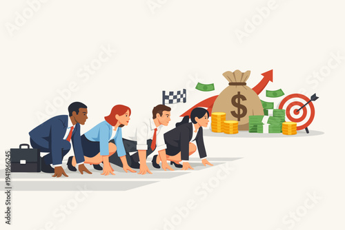 Diverse business professionals in suits at the starting line of a race, driven by financial success, money bags, and career goals. Concept of corporate competition, ambition, and achievement.
