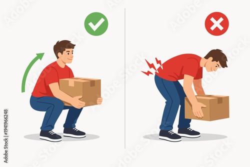 Proper and Improper Lifting Technique Vector Illustration, Man Lifting Heavy Box Safely with Squat vs Unsafe Bending causing Back Pain, Ergonomic Safety Guidelines for Manual Handling at Work.