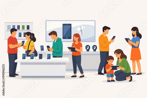Flat vector illustration of people shopping for electronics in a smartphone store. Customers are browsing mobile devices, tablets, and smartwatches on display tables in a modern retail shop.