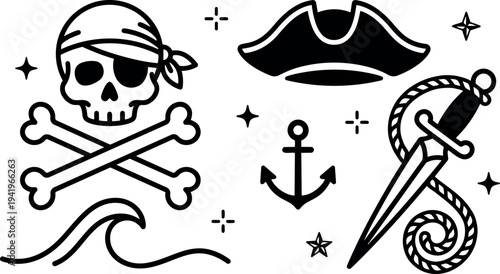 Black and white pirate skull with crossed bones dagger with rope and tricorn hat nautical anchor and ocean wave vector art