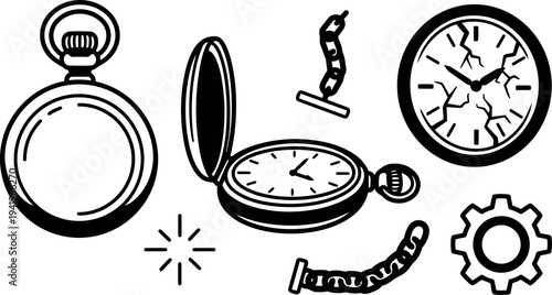 Black and white vector art of disassembled pocket watch with open face cracked clock and gear parts isolated on white background
