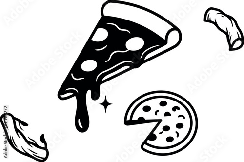 Black and white vector art slice of pizza dripping cheese with whole pizza and crust pieces floating around simple minimal design