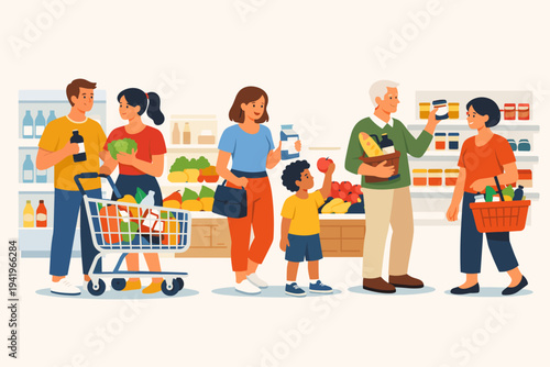 Flat Vector Illustration of People Shopping in a Grocery Supermarket, Buying Fresh Vegetables, Milk, and Food Products. Diverse Customers with Shopping Carts and Baskets in a Retail Store.