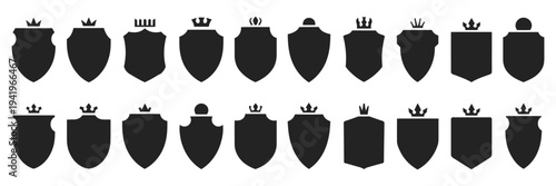 Pixel Art Shield Icon Set Vector Illustration, Medieval Heraldry Protection Symbols with Vintage Emblem Designs for Security, Defense, Game UI, Fantasy Badge Elements, and Retro Pixel Style Graphics