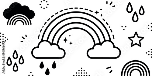 Line art vector with raining cloud rainbow raindrops stars and decorative dots simple monochrome weather concept illustration