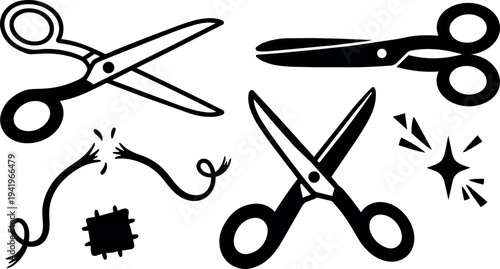 Black and white vector art of four different scissors cutting thread with simple icon style isolated on white background