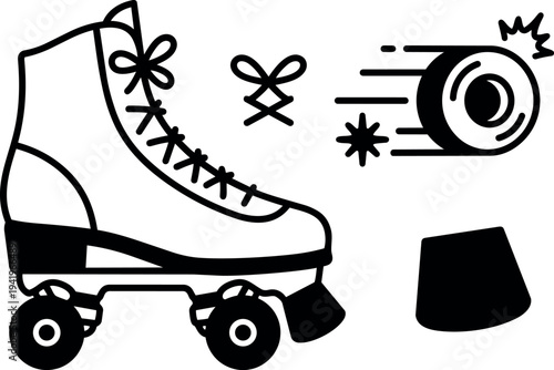Black and white flat design roller skate with laces and flying wheel in motion next to stop cone vector art illustration
