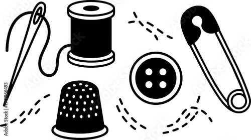 Minimalist black and white vector art of sewing needle with thread spool thimble button and safety pin simple line style desktop view