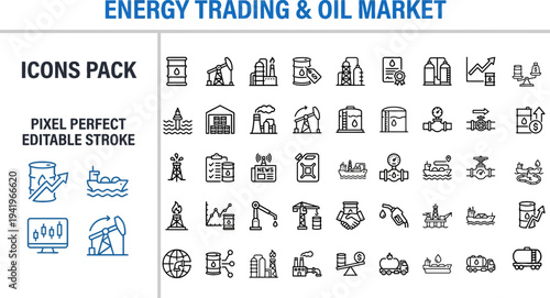 Energy Trading and Oil Market Outline Vector Icon Set — Commodity Trading, Oil Prices, Energy Investment and Market Analytics
