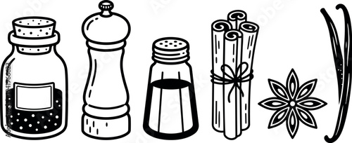 Black and white line art spice jars with pepper mill salt shaker cinnamon sticks star anise and vanilla pods set