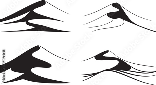 Abstract vector silhouettes of desert sand dunes, elegant minimalist graphic design elements ideal for diverse creative projects on transparent backdrops