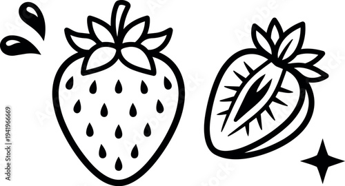 Black line art minimal vector design of whole and sliced strawberry with seeds and leaves simple organic fruit icon set