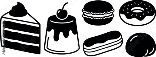 Black and white vector icons of layered cake pudding cherry macaron donut eclair and round bun desserts simple bakery design