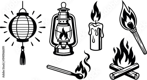 Black and white vector art collection of candle lantern firewood matchstick campfire and hanging paper lantern illustrations