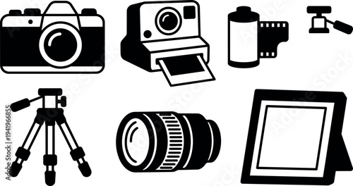 Black silhouette vector icons set of vintage camera tripod lens film roll instant photo and picture frame isolated on white background