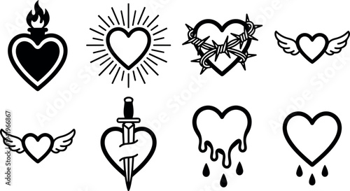 Black and white minimalist heart vector icons set with flame barbed wire wings dagger and dripping styles