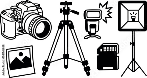 Black and white vector art camera with tripod flash memory card photo lighting equipment isolated icons set