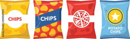 Colorful potato chips snack packaging bags collection with different designs, crunchy junk food packet set isolated for branding, supermarket products and fast food concept