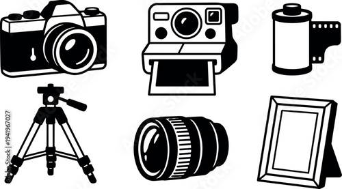 Black and white vector icons set including vintage camera instant photo printer tripod lens film roll and photo frame illustration