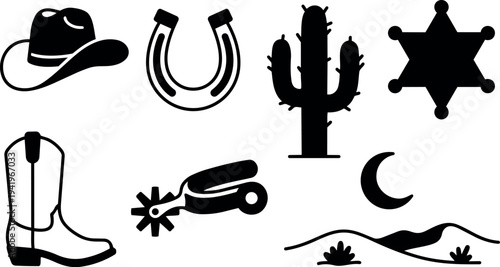 Black silhouette cowboy hat horseshoe cactus sheriff badge boot spur moon desert landscape vector icons collection