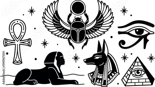 Black and white vector art egyptian symbols with scarab sphinx ankh eye pyramid and anubis head ancient egypt style illustration