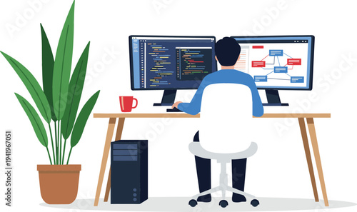 Software developer working at computer with multiple monitors coding program, programmer writing code and analyzing workflow diagram at modern workspace vector illustration