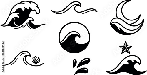 Minimalist black and white vector art set of ocean waves splashes star shell and crescent moon icons arranged in simple layout