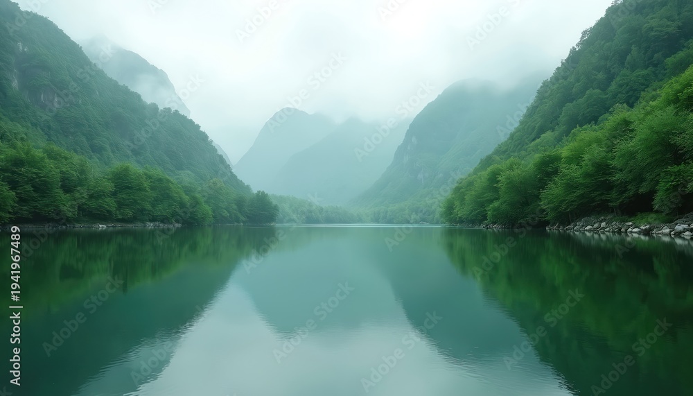Fototapeta premium Misty green mountains rise from a calm lake. Rich forest covers slopes, reflecting in clear water. Peaceful natural landscape evokes serenity, quietude. Foggy morning view.