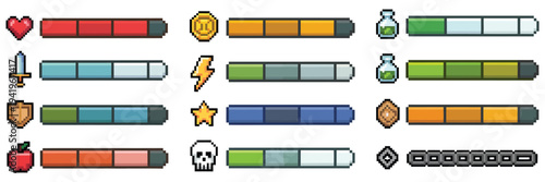 Pixel Progress Bar and RPG Game Interface Vector Set, 8 Bit Retro Arcade Status Indicators with Health, Stamina, and Energy Meter, Weapon, Coin, Potion, Shield, Heart, and Skull Pixel Icons