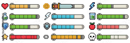 Pixel Progress Bar and RPG Game Interface Vector Set, 8 Bit Retro Arcade Status Indicators with Health, Stamina, and Energy Meter, Weapon, Coin, Potion, Shield, Heart, and Skull Pixel Icons