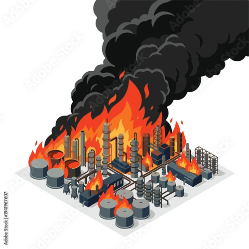 isometric vector flat oil refinery area explodes and burns 01