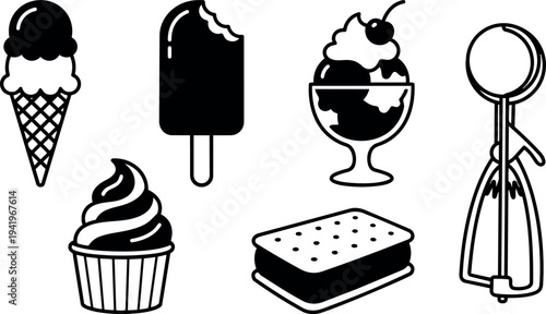 Black and white vector set of ice cream cone popsicle sundae cupcake ice cream sandwich and scoop utensil collection
