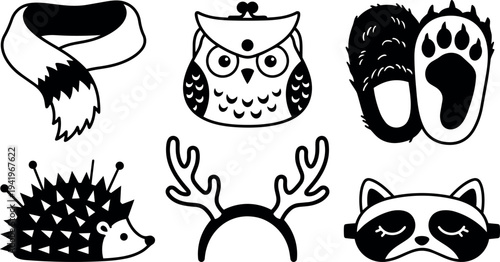 Black and white minimalist vector set of forest animal icons including scarf owl purse slipper hedgehog antler headband raccoon mask simple design