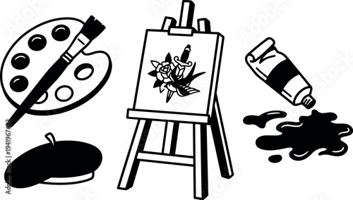 Black and white flat design artist palette with brush easel holding floral tattoo style painting and paint tube with spilled ink