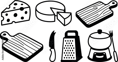 Black and white vector illustrations of cheese knife grater fondue pot and wooden cutting boards in simple kitchen tool set style