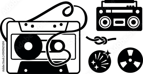 Minimalist black and white cassette tape with loose tape and vintage radio icon simple vector art set