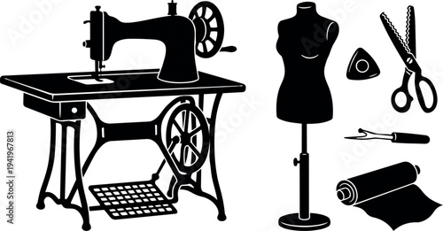 Vintage sewing machine with manual pedal and tailor dress form with fabric scissors threader and fabric roll vector art