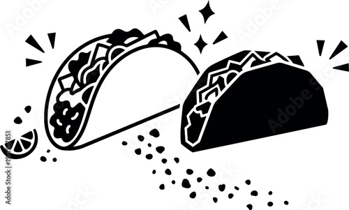 Minimalist black and white vector art of two tacos with assorted fillings and a lime wedge on white background