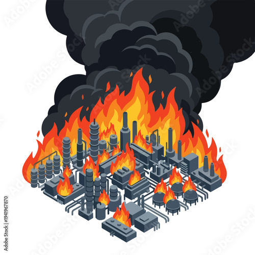 isometric vector flat oil refinery area explodes and burns 002