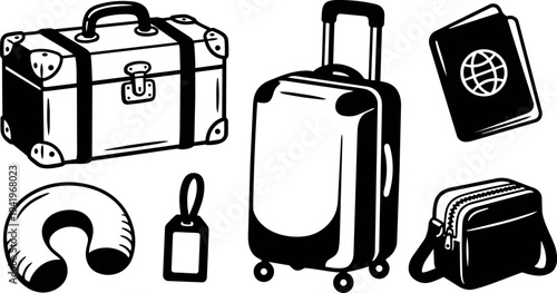 Black and white line art travel luggage bag rolling suitcase passport neck pillow and pouch vector icons set