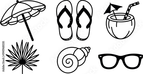 Black and white line art vector set of beach umbrella flip flops coconut drink palm leaf seashell sunglasses summer vacation items collection