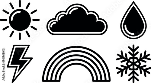 Black and white simple weather icon set including sun cloud raindrop lightning rainbow and snowflake vector line art