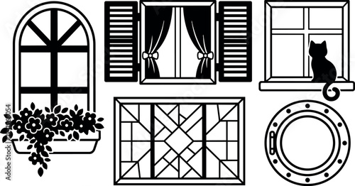 Black and white vector art set of five different window designs with curtains flowers cat and porthole style isolated icons