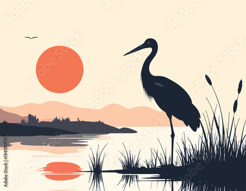 A majestic white heron with large wings and a sharp beak stands peacefully in the Florida lake water at sunset, showcasing elegant feathers amidst the wild nature and fauna
